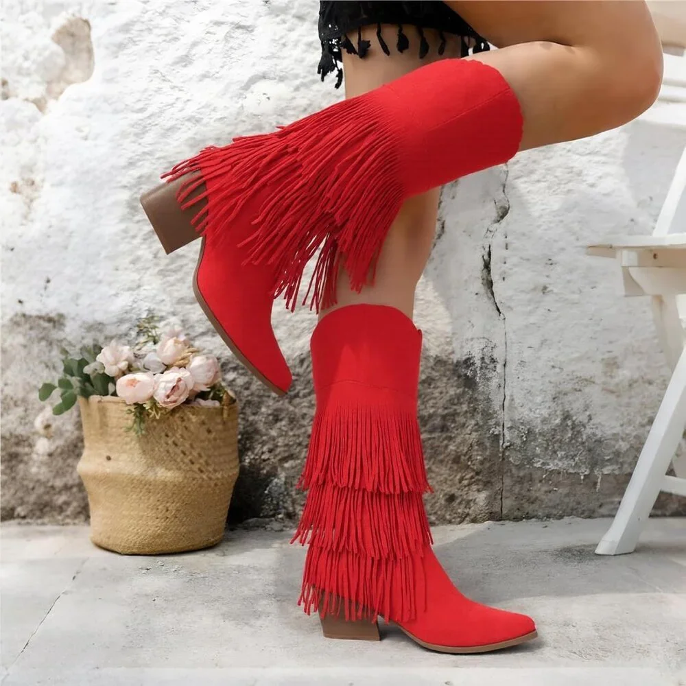 Women's Red Retro Pointed Toe Pull On Block Chunky Heel Fringe Country